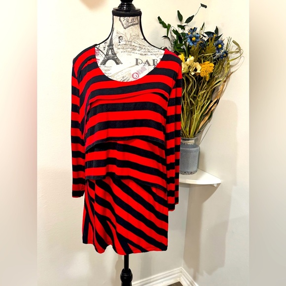Lynn Ritchie Silver/Red and Black striped/Long Sleeve Tee/layered front/ Large - Picture 1 of 9